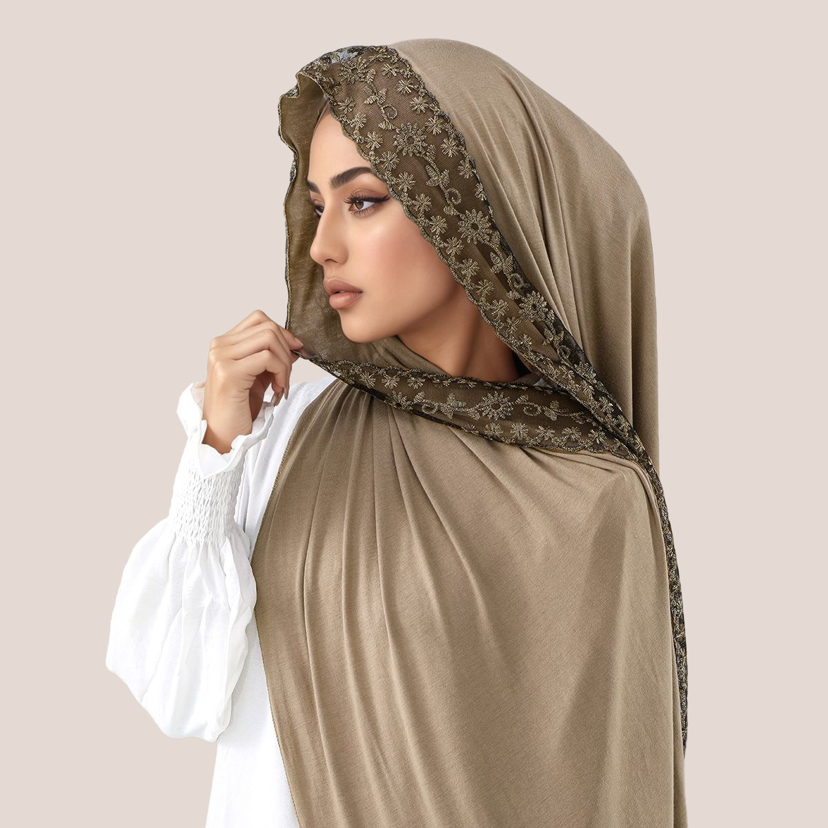 Head Wrap Turban - Spitze Stickerei Baumwolle Jersey Muslimischen Hijab