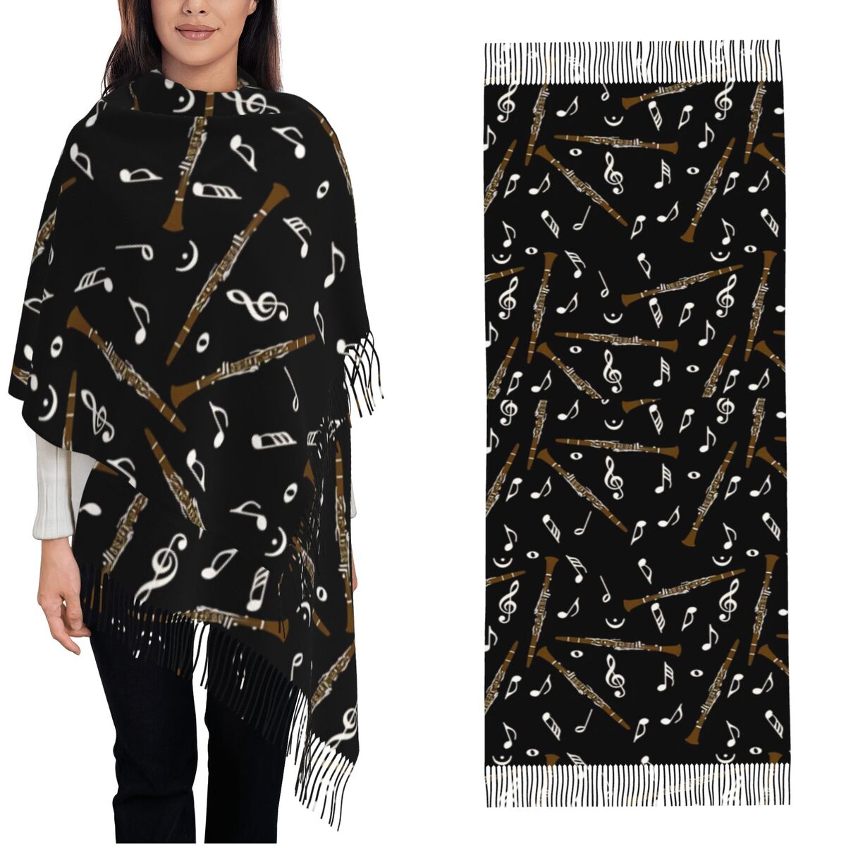 Pashmina Wrap Large - Damenschal mit Quaste, Klarinette, Musiknoten-Muster, großer