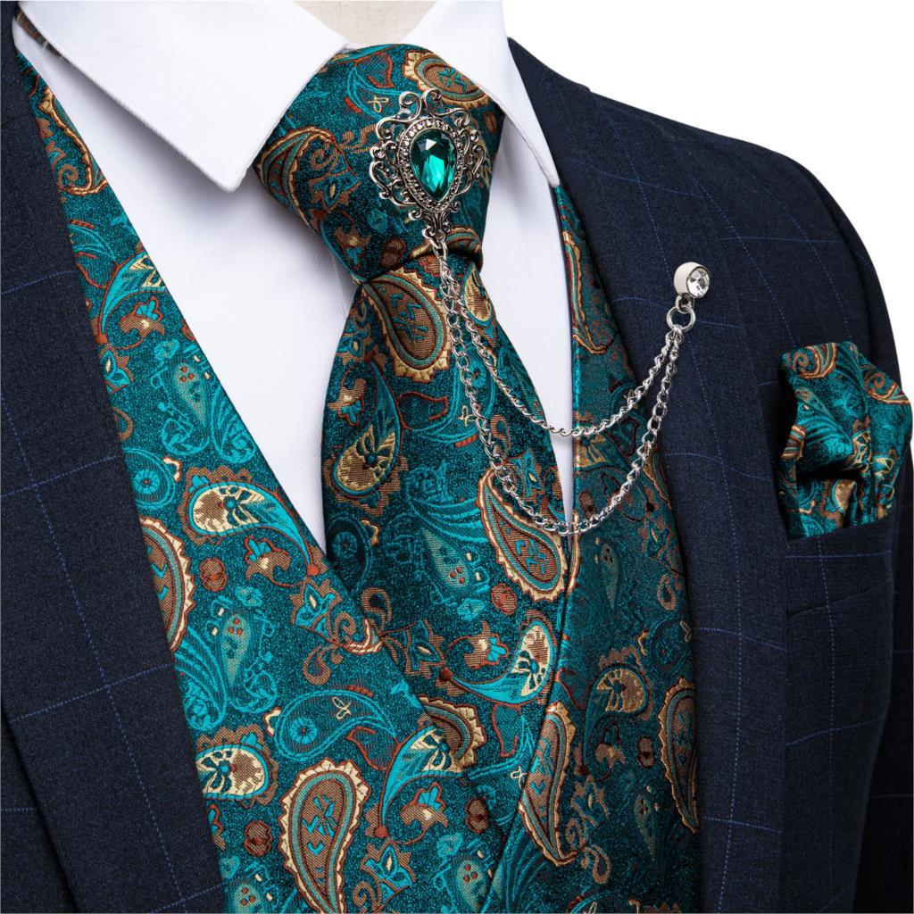 Pocket Square Set - Neue Türkisgrüne Paisley-Anzugweste für Herren mit