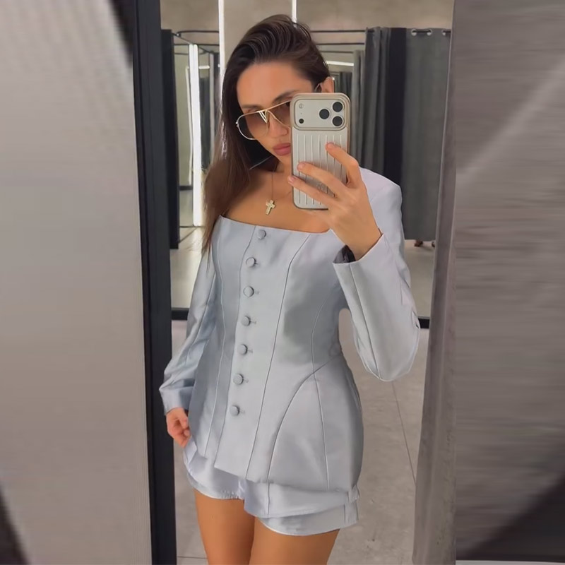 Pocket Square Set - Lässiges Knopf-Jacken-Shorts-Set für Damen, Einfarbig, Langarm,