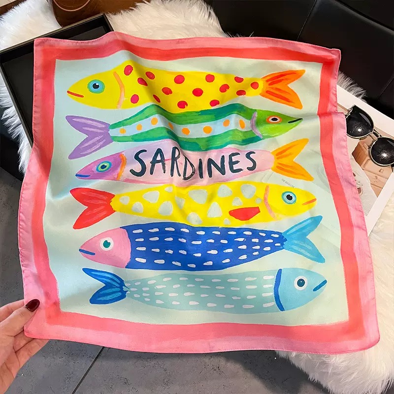 Silk Neck Scarf - Modische Fischmuster Quadratische Seidenkopftücher Eleganter Hijab