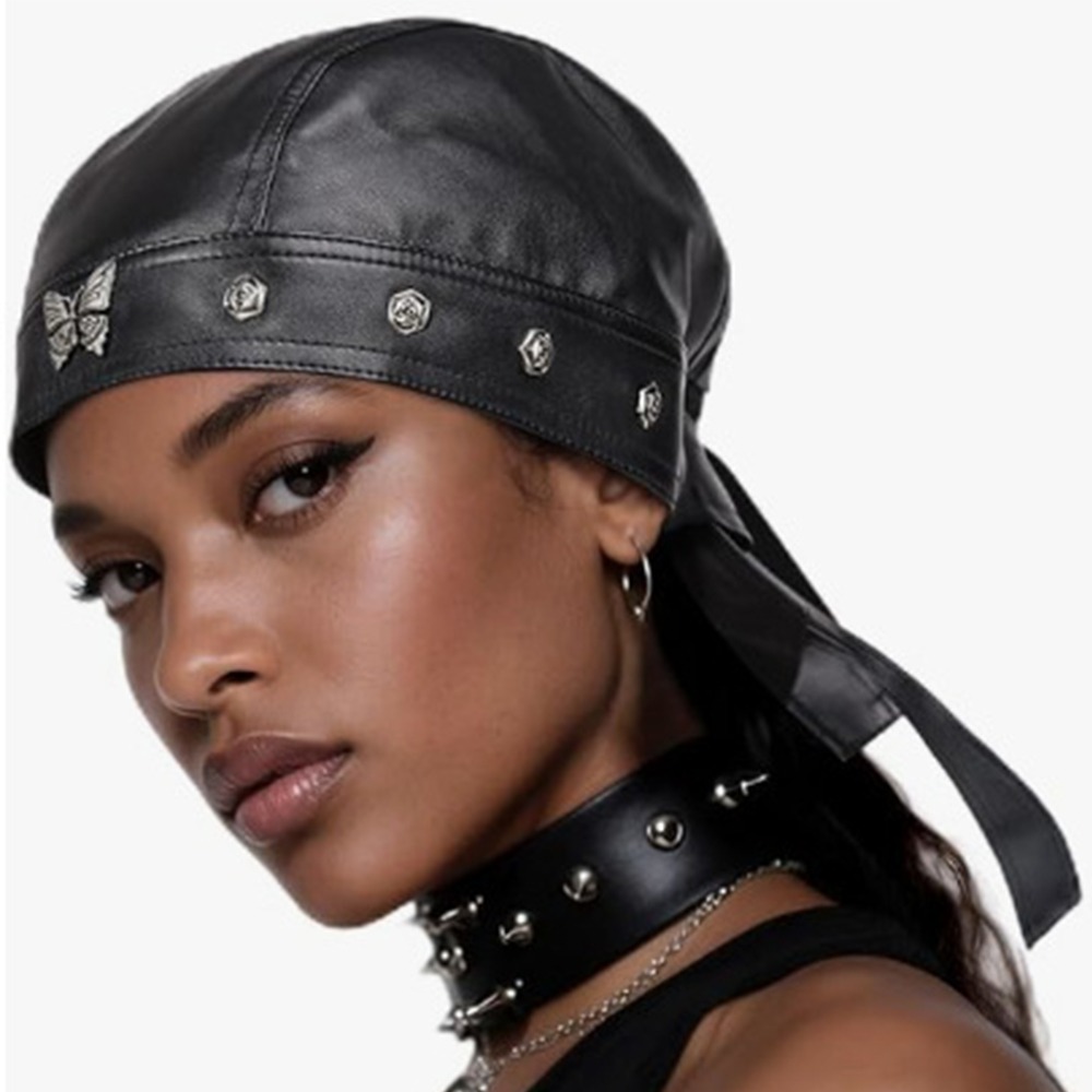 Bandana Doo Rag - Neue schwarze Biker-Kappe aus PU-Leder, verstellbar,